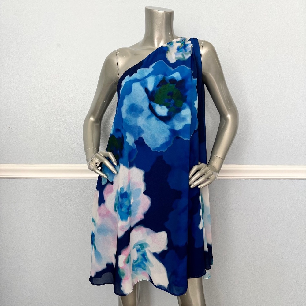 Badgley Mischka One-Shoulder Floral chiffon Dress in Blues  NWT